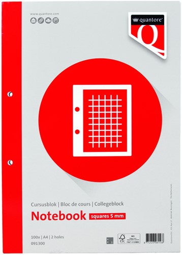 Cursusblok Quantore A4 ruit 5mm met kantlijn 200 pagina's 80gr