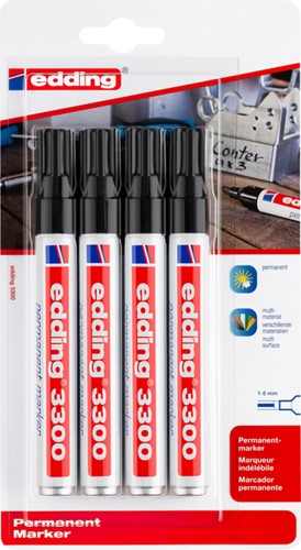 Permanent marker edding 3300, schuin, 1-5mm, zwart, blister à 4 stuks