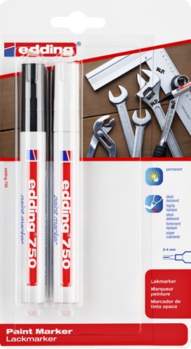 Paintmarker edding 750 op oliebasis 2-4mm wit en zwart blister à 2st