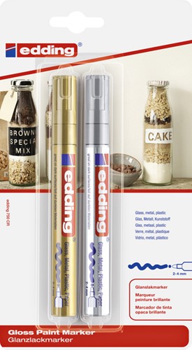 Paintmarker edding 750 op oliebasis 2-4mm goud en zilver blister à 2st