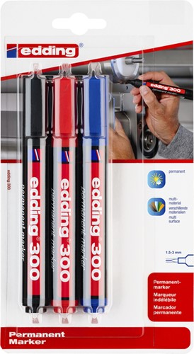 Permanent marker edding 300, rond, 1.5-3mm, assorti, blister à 3 stuks