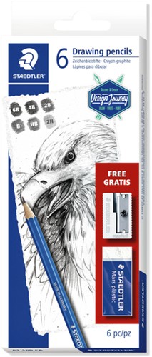 Potlodenset Staedtler Design Journey Lumograph met gratis gum en puntenslijper 6 stuks