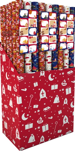Inpakpapier Sint 200x70cm set à 3 rollen + stickervel met 10 etiketten assorti