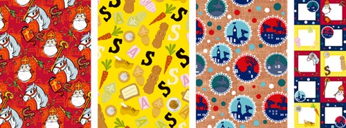 Inpakpapier Sint 200x70cm set à 3 rollen + stickervel met 10 etiketten assorti-2