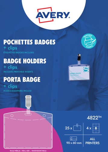 Badge Avery met clip 4822 60x90mm 25 stuks + 32 insteekkaarten