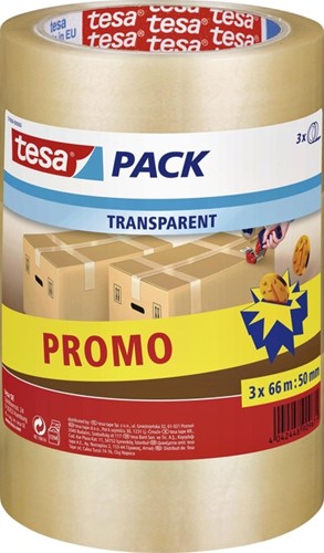 Verpakkingstape tesapack®, 66mx50mm, transparant, promopack à 3 rollen