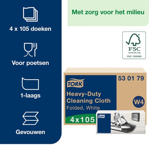 Reinigingsdoek Tork W4 Premium Heavy-Duty gevouwen 1-laags 4x105 vel wit 530179-3