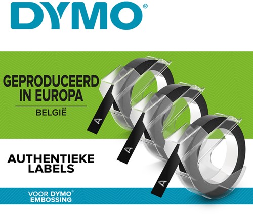 Reliëftape Dymo embossing plastic 9mm zwart op wit 3 stuks-1