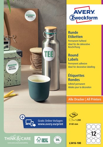 Etiket Avery L3416 rond 60mm wit 1200 stuks