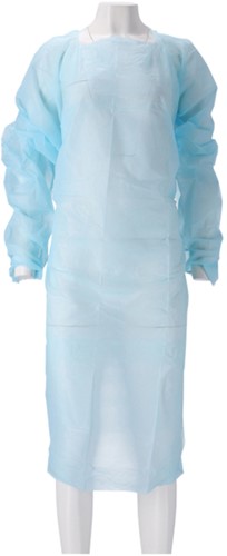 Schort CMT 115x105cm 30mu geruwd lange mouw CPE blauw 20 stuks