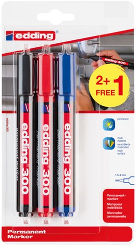 Permanent marker edding 300, rond, 1.5-3mm, assorti, blister à 2+1 gratis