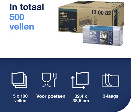 Reinigingsdoek Tork W4 Premium Industrial Heavy-Duty gevouwen 3-laags 5x100 vel blauw 130082-2
