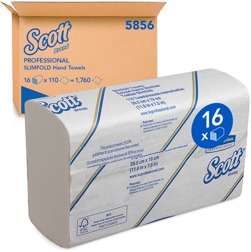 Handdoek Scott Slimfold m-vouw 1-laags 190x300mm 16x110 vel wit 5856
