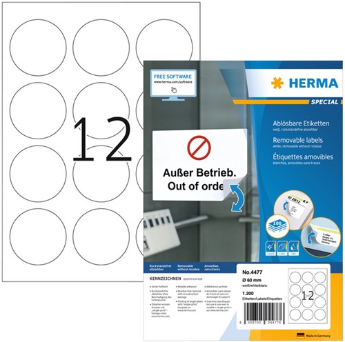 Etiket HERMA 4477 60mm verwijderbaar wit 1200 stuks