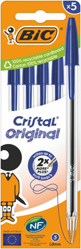 Balpen Bic Cristal medium blauw blister à 5 stuks