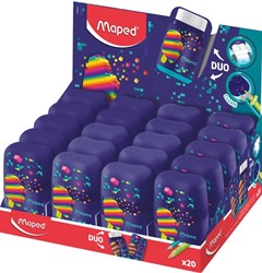 Puntenslijper Maped Pixel Party Connect 2-gaats met gum display à 20 stuks