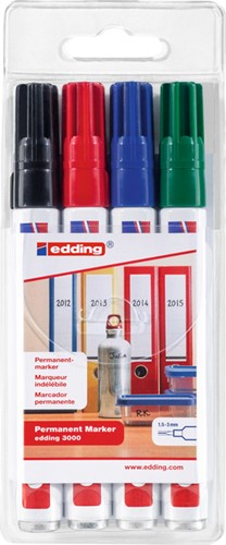 Permanent marker edding 3000 creatief, rond, 1.5-3mm, assorti, blister à 4 stuks