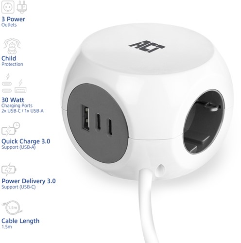 Stekkerblok ACT 3 voudig  inclusief 2x USB C/A 1.5 meter wit/grijs-2