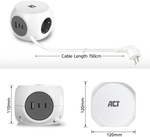 Stekkerblok ACT 3 voudig  inclusief 2x USB C/A 1.5 meter wit/grijs-10