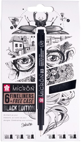 Fineliner Sakura Pigma Micron Black Edition set à 6 breedtes + gratis etui