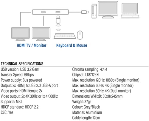 Adapter ACT USB-C 4K multiport voor 2 HDMI monitoren-1