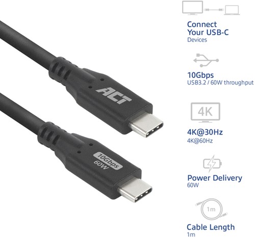Kabel ACT USB-C 3.0 10Gbps 60W USB 1 meter-2