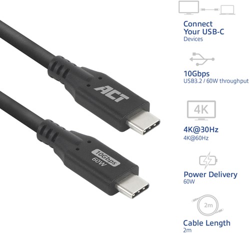 Kabel ACT USB-C 3.2 GEN.2 M/M zwart 2 meter-2