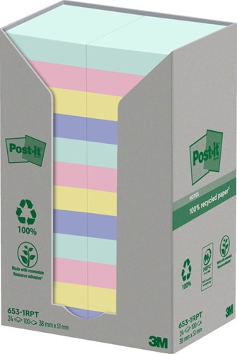Memoblok Post-it 653-1RPT 38x51mm rainbow pastel 24 stuks