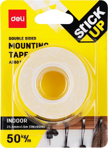 Deli Stick Up mounting tape dubbelzijdig 25,4mmx1,5mtr, wit-3