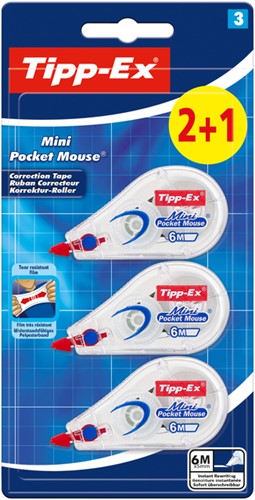 Correctieroller Tipp-ex, mini pocket mouse, 5mmx6m, blister 2+1 gratis