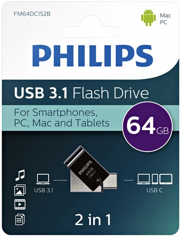 USB stick 3.1 Philips 2in1 USB-C USB-A 64GB zwart-2