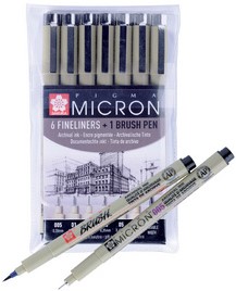 Fineliner Sakura Pigma Micron set à 6 schrijfbreedtes met brushpen zwart-2