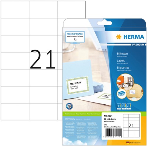 Etiket HERMA 8634 70x42.3mm premium wit 210stuks