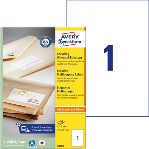 Etiket Avery LR3478 210x297mm A4 recycled wit 100 stuks-2
