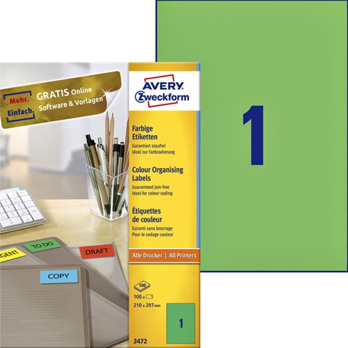 Etiket Avery 3472 210x297mm A4 groen 100 stuks