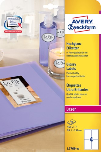 Etiket Avery L7769-40 99.1x139mm hoogglans wit 160 stuks