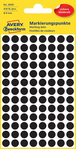 Etiket Avery 3009 rond 8mm zwart 416 stuks