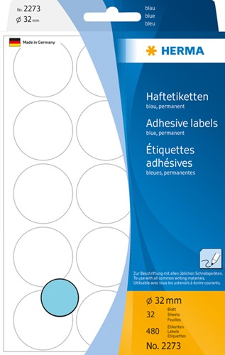 Etiket HERMA 2273 rond 32mm blauw 480 stuks