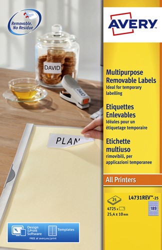 Etiket Avery L4731REV-25 25.4x10mm wit 4725 etiketten