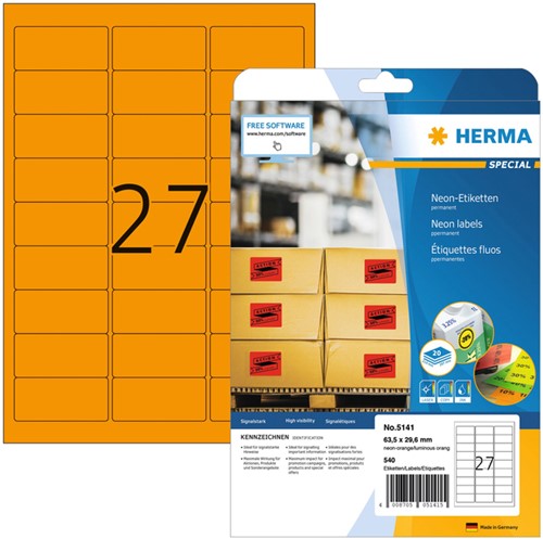 Etiket HERMA 5141 63.5x29.6mm neon oranje 540 stuks