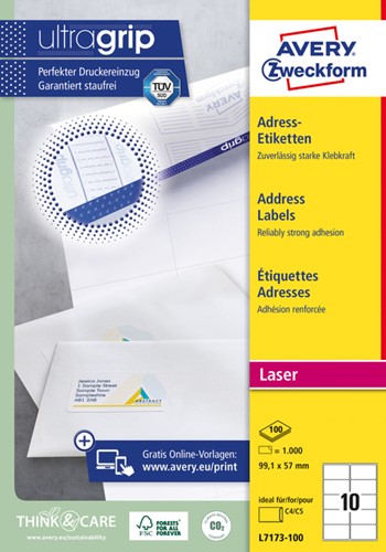 Etiket Avery L7173-100 99.1x57mm wit 1000 etiketten