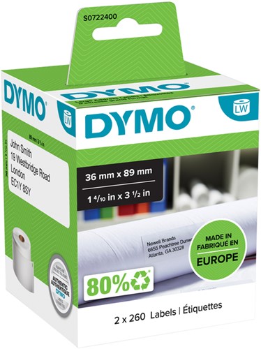 Etiket Dymo 99012 S0722400 36x89mm 2 rollen á 260 stuks wit