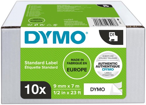 Labeltape Dymo LabelManager D1 polyester 9mm zwart op wit 10 stuks