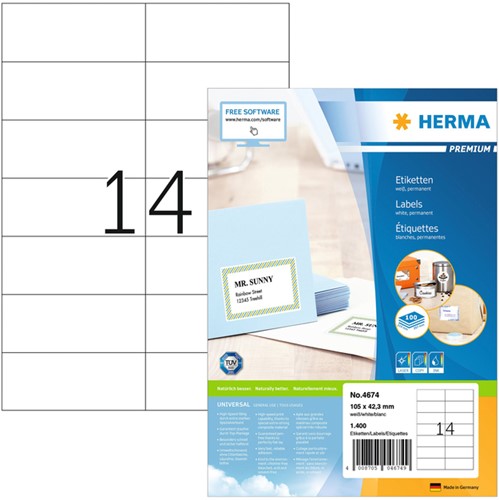 Etiket HERMA 4674 105x42.3mm premium wit 1400 stuks