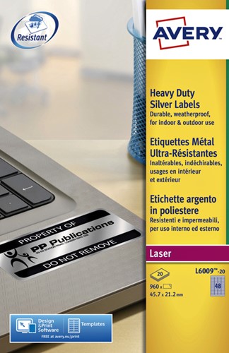 Etiket Avery L6009-20 45.7x21.2mm zilver 960 stuks-1