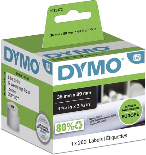 Etiket Dymo LabelWriter adressering 36x89mm 1 rol á 260 stuks wit