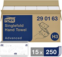 Handdoek Tork H3 Advanced singlefold 2-laags 248x230mm 15x250 vel wit 290163