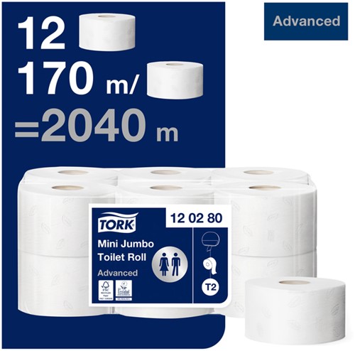 Toiletpapier Tork T2 Advanced jumbo klein 2-laags 170m wit 120280-1
