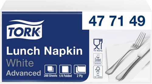 Lunchservet Tork Advanced 1/4 vouw 2-laags 328x325mm 200 vel wit 477149