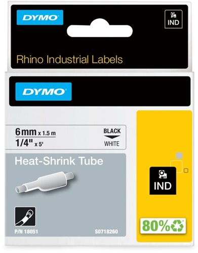 Labeltape Dymo Rhino industrieel krimpkous 6mm zwart op wit